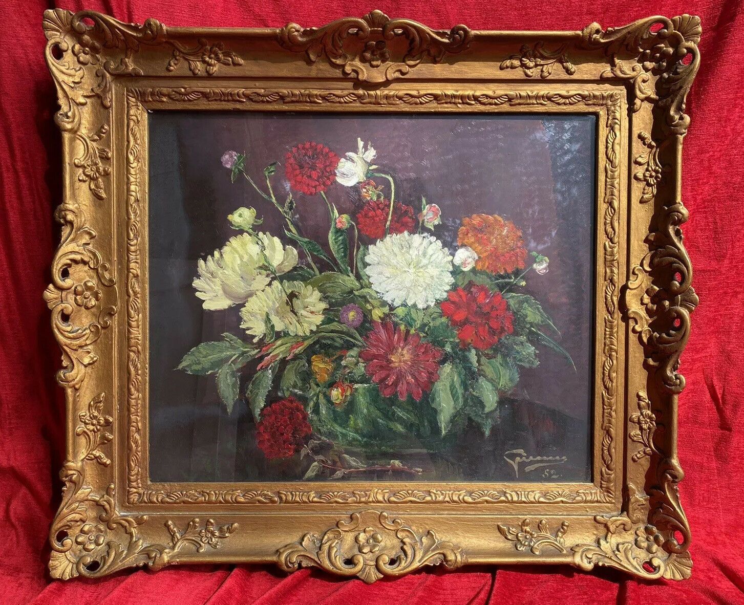 Beautiful Fine Art Chrysanthemum Still Life Oil Painting In Gilt Frame Signed