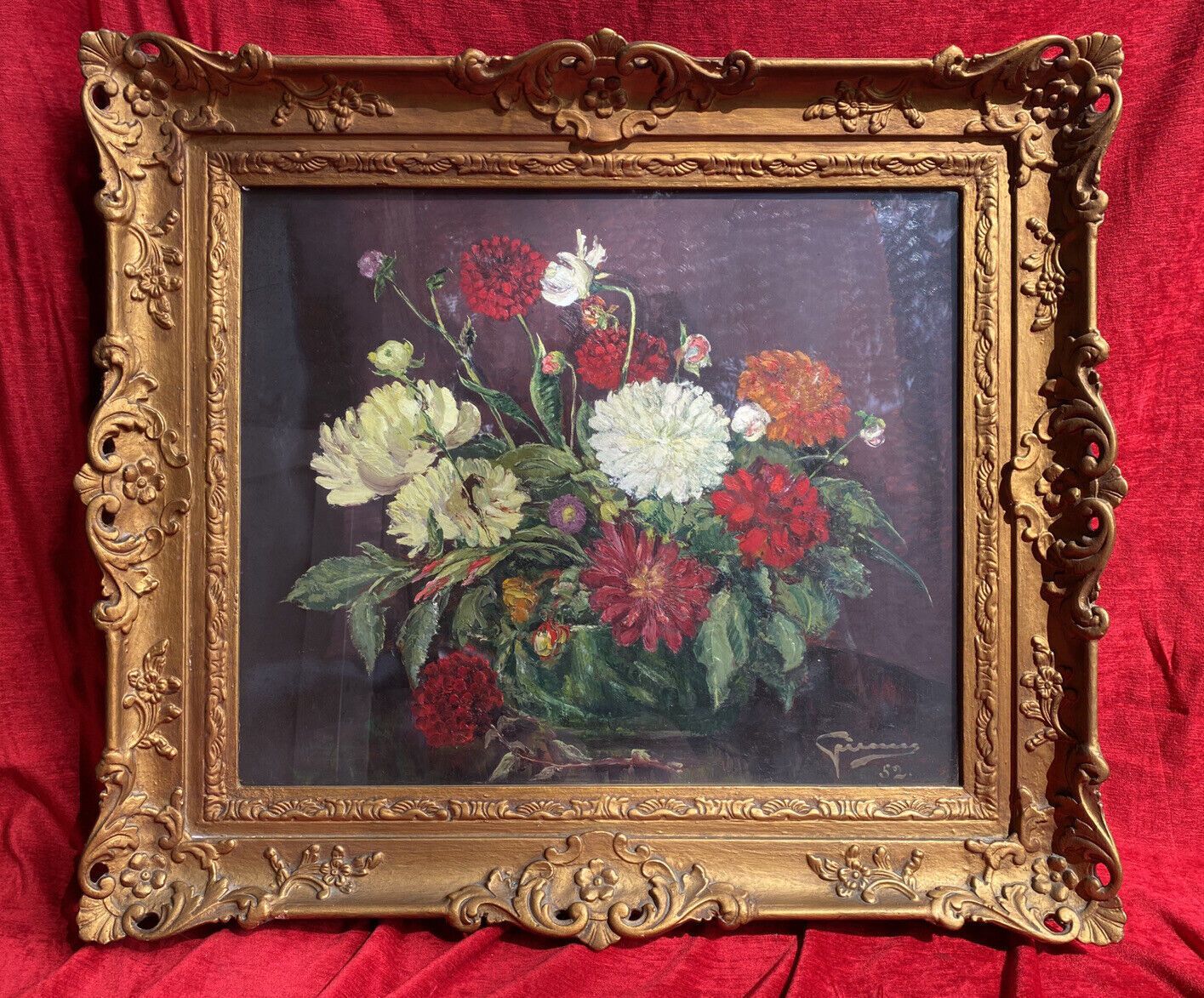 Beautiful Fine Art Chrysanthemum Still Life Oil Painting In Gilt Frame Signed photo furniture
