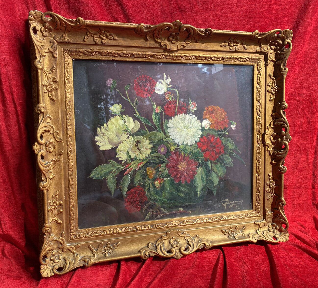 Beautiful Fine Art Chrysanthemum Still Life Oil Painting In Gilt Frame Signed photo Art