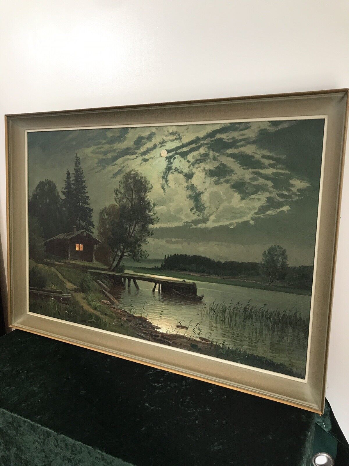 Fine Art Swedish Oil On Canvas Landscape Moonlight On The River Signed By Artist photo for sale