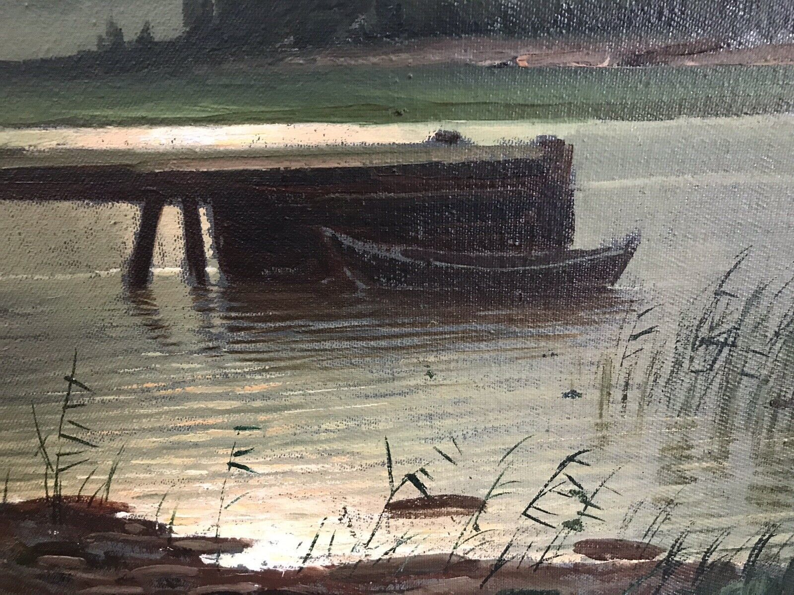 Fine Art Swedish Oil On Canvas Landscape Moonlight On The River Signed By Artist photo vintage