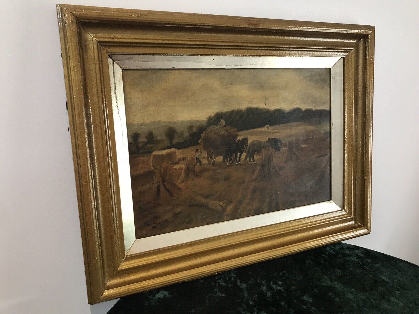 Original Victorian Oil Painting ‘Harvest Time’ By Artist Alice Wilkie photo furniture