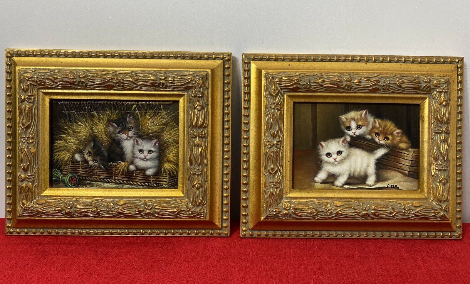 Pair Of Charming Animal Lovers Kitten Oil Paintings By Artist D Miller