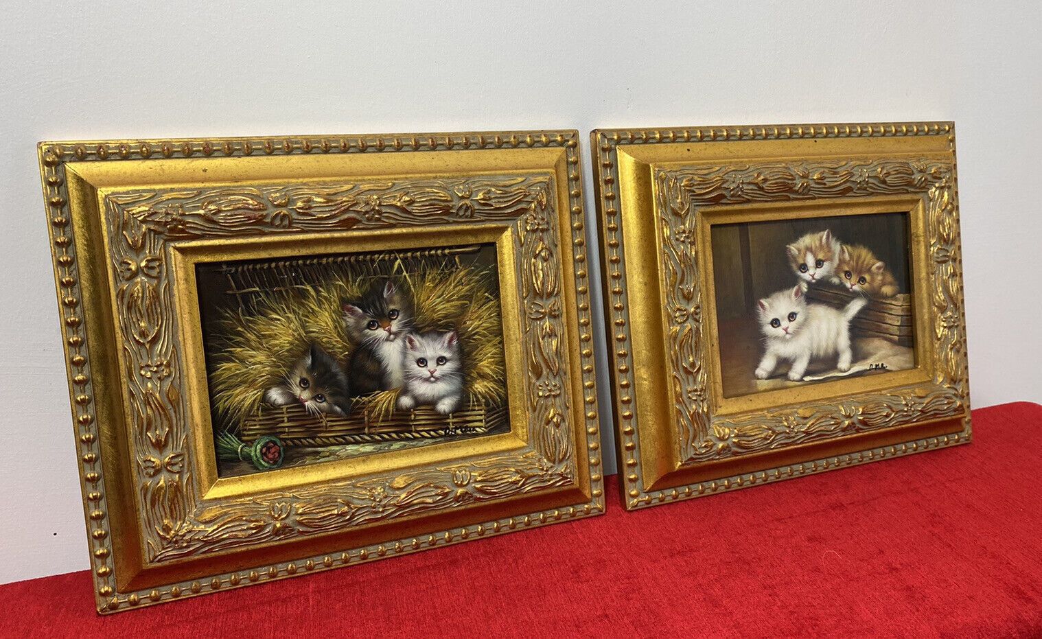 Pair Of Charming Animal Lovers Kitten Oil Paintings By Artist D Miller photo furniture