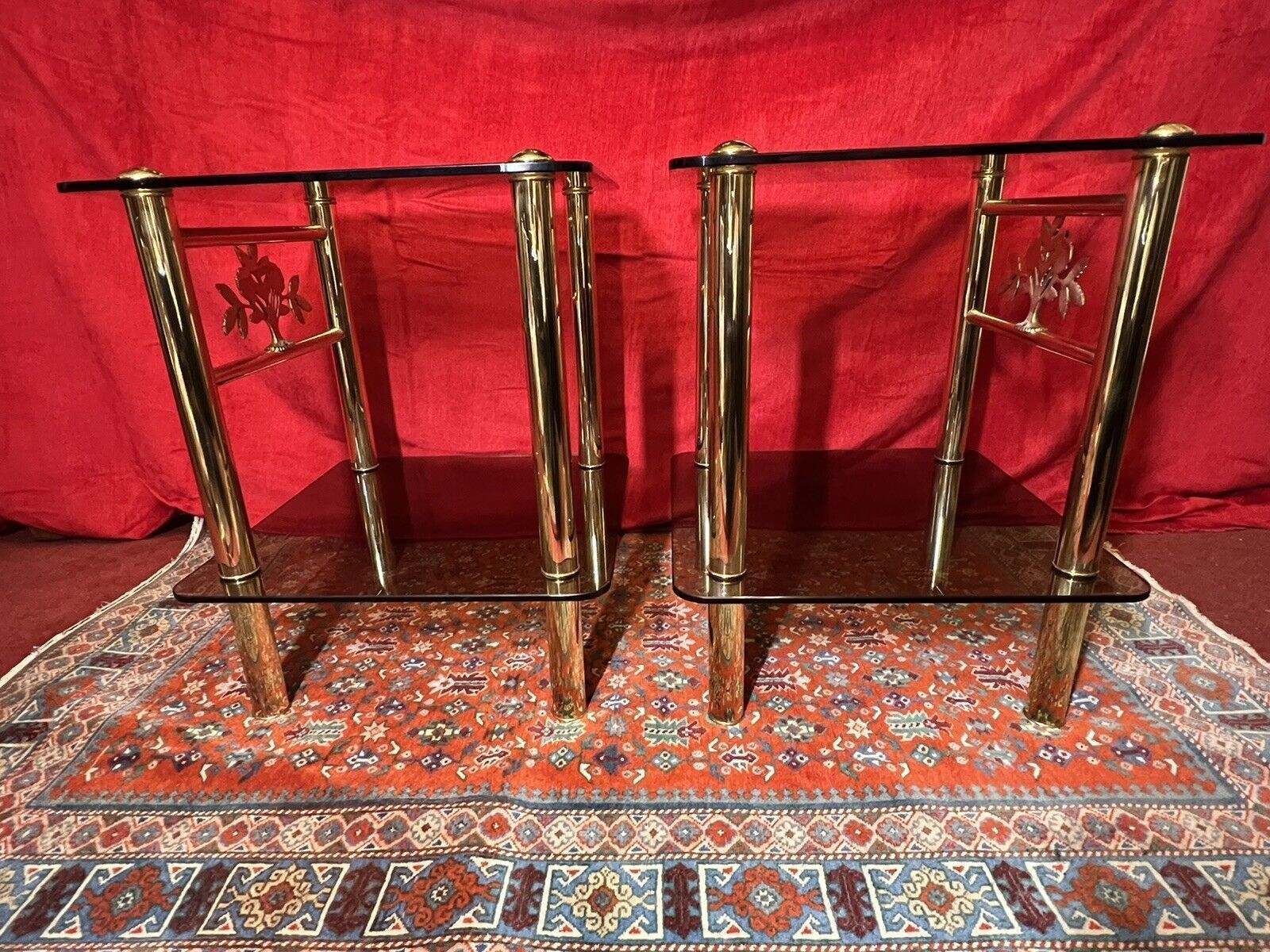 Pair Of Italian Designer Brass Maritime Side Tables With Pearl Inlaid Bouquets photo vintage