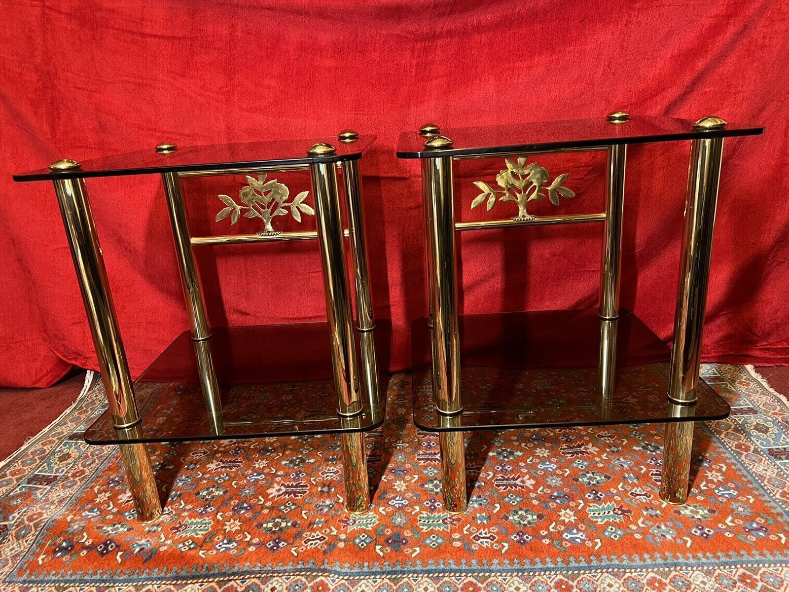 photo for sale Pair Of Italian Designer Brass Maritime Side Tables With Pearl Inlaid Bouquets