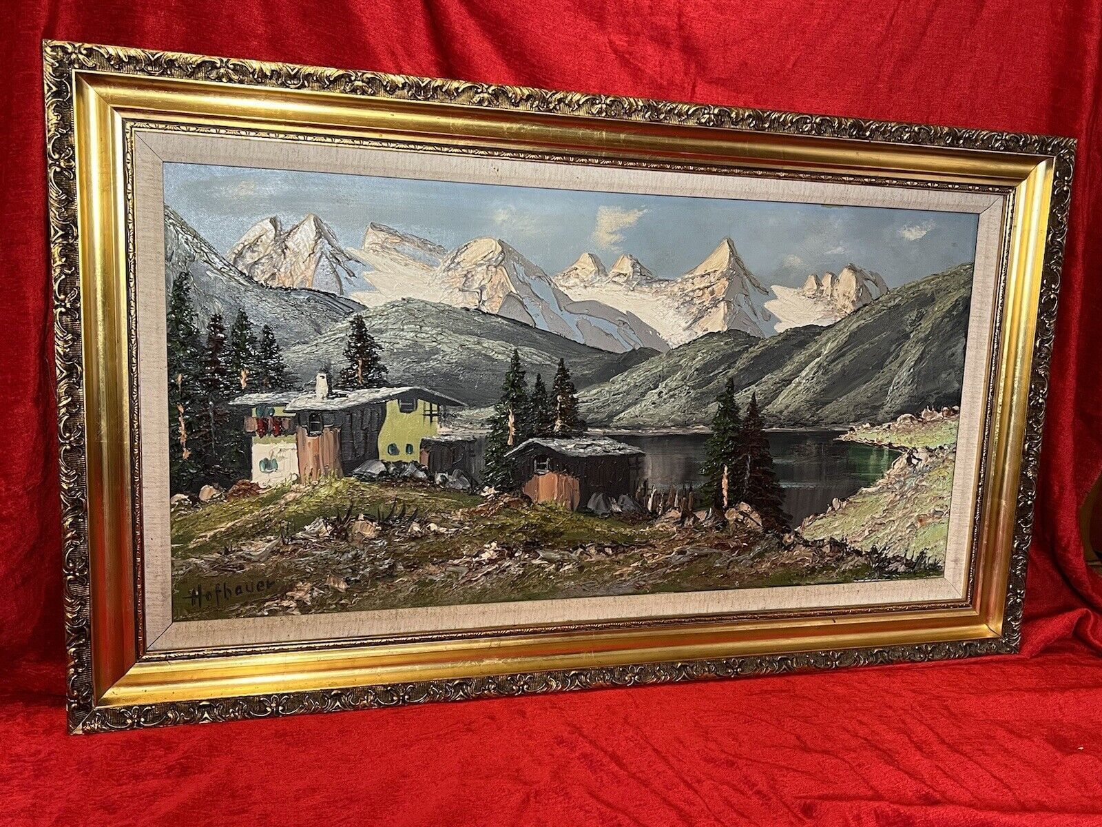 Large Mid Century German Impressionistic Landscape Oil Painting Signed Hofbauer photo for sale