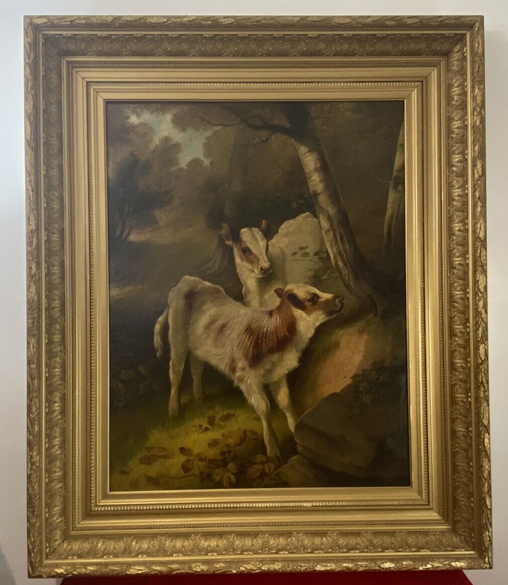 Art Fine Quality A H Milton Drinkwater Calves In Landscape Oil Painting Dated 1901 photo
