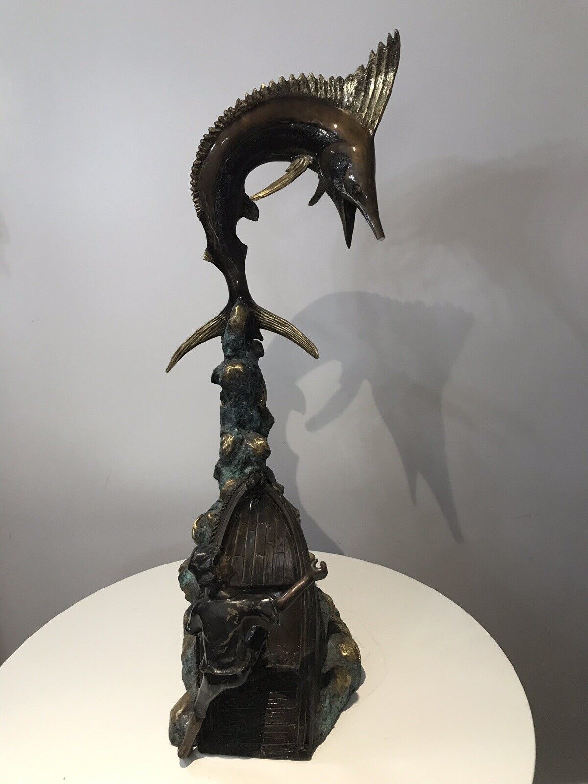 photo buy Vintage 20th Century Quality Bronze Statue Merlin Fish & Fishing Boat Capsized