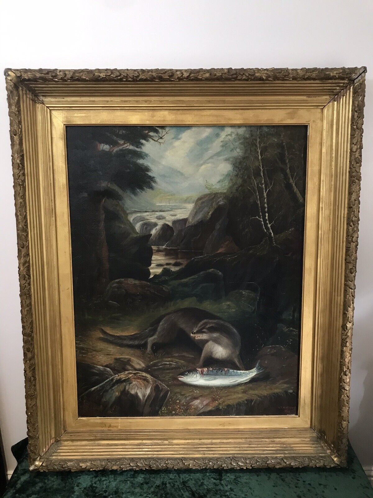 Fine Oil On Canvas Painting Otter Eating A Fish On The Bank Of Loch Lomond photo for sale