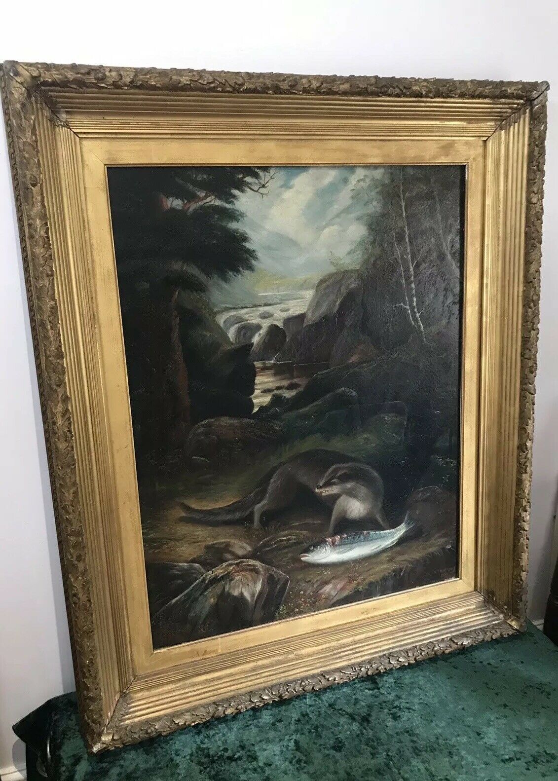 Fine Oil On Canvas Painting Otter Eating A Fish On The Bank Of Loch Lomond photo Art