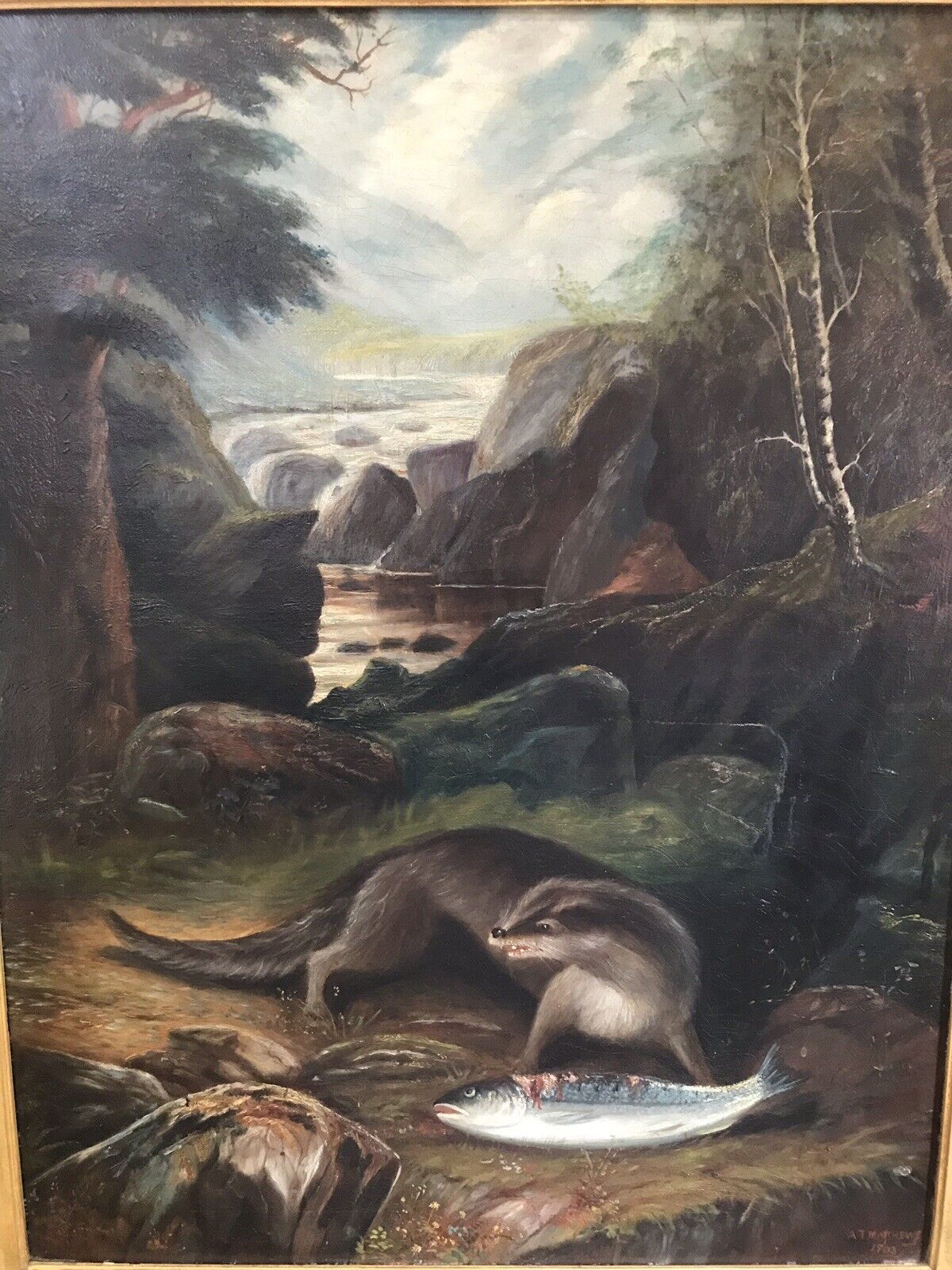 Fine Oil On Canvas Painting Otter Eating A Fish On The Bank Of Loch Lomond photo vintage