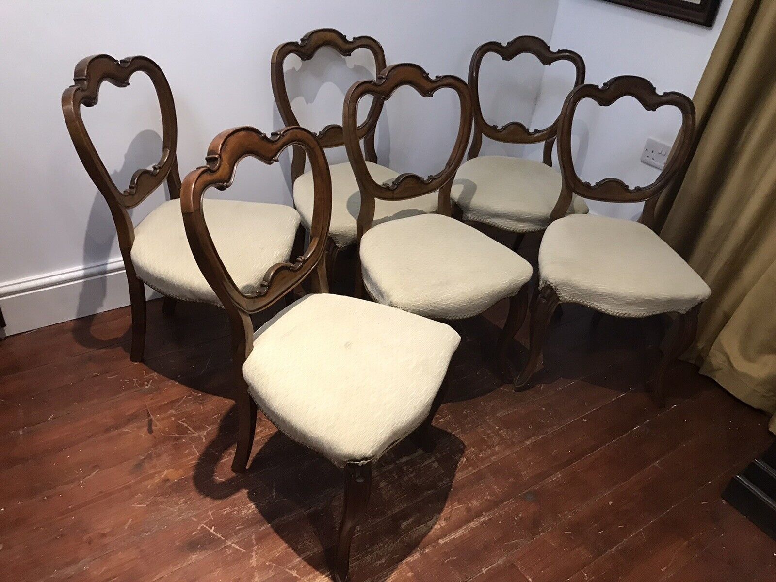 photo for sale Fine Antique Set Of 6 Walnut Victorian Balloon Back Dining Chairs C1865