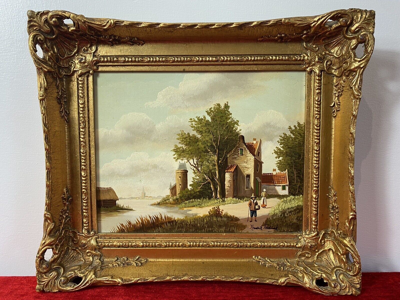 Early 20th Century Dutch Landscape Painting On Oak Panel Signed In Gilt Frame photo furniture