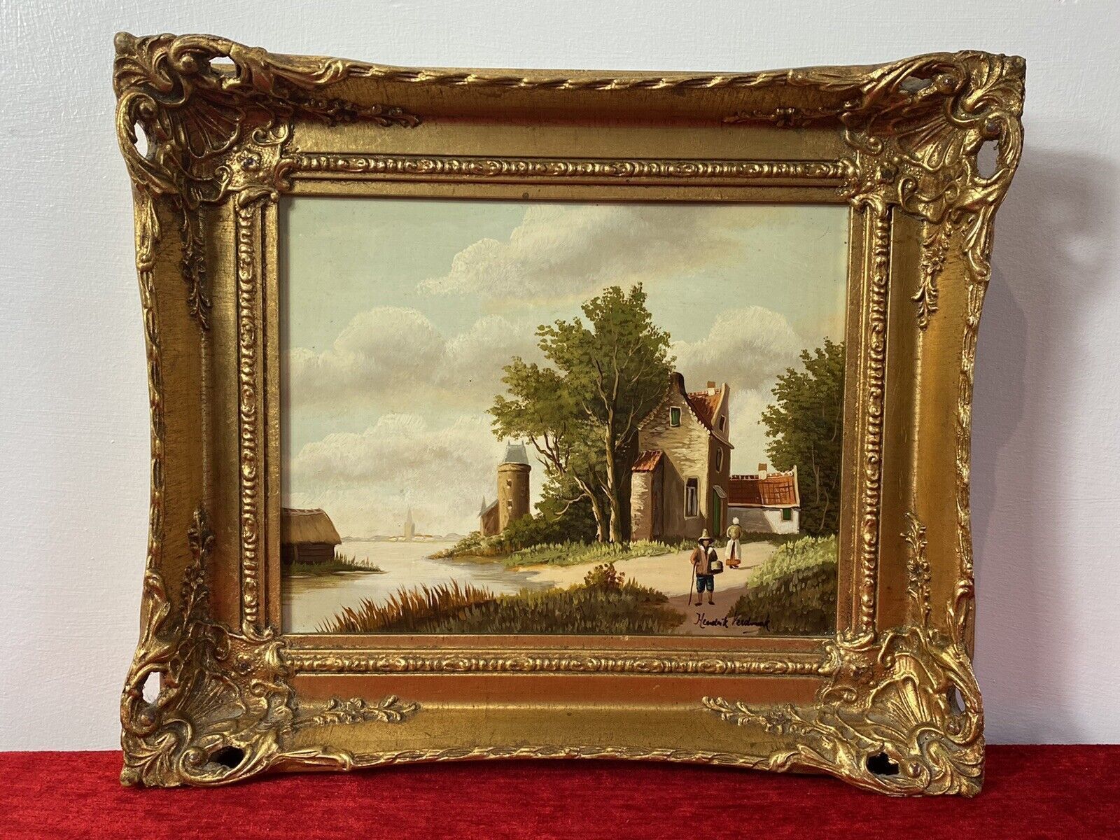 photo for sale Early 20th Century Dutch Landscape Painting On Oak Panel Signed In Gilt Frame