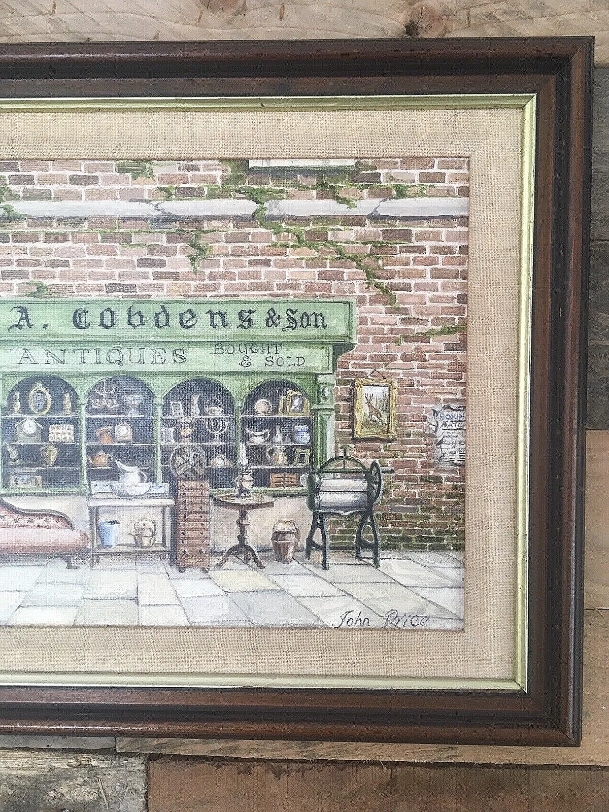 Vintage A Cobdens & Son Antiques Shop Window Store Front Painting By John Price photo for sale