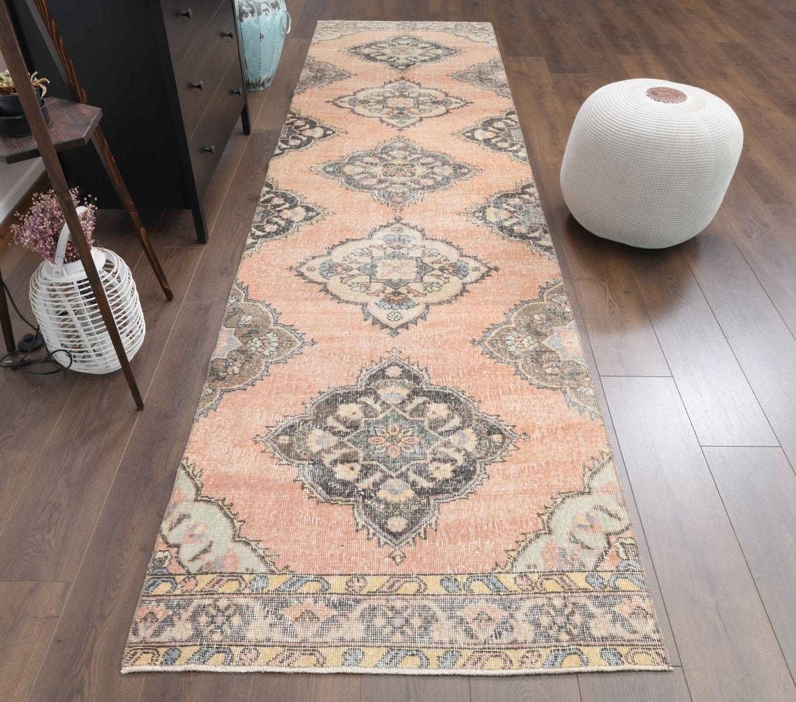 4x8 Turkish Vintage Runner, Oushak Handmade Wool Runner Rug, Muted Orange Semi Antique Hallway Rugs, Farmhouse Decor, One Of A Kind Anatolia
