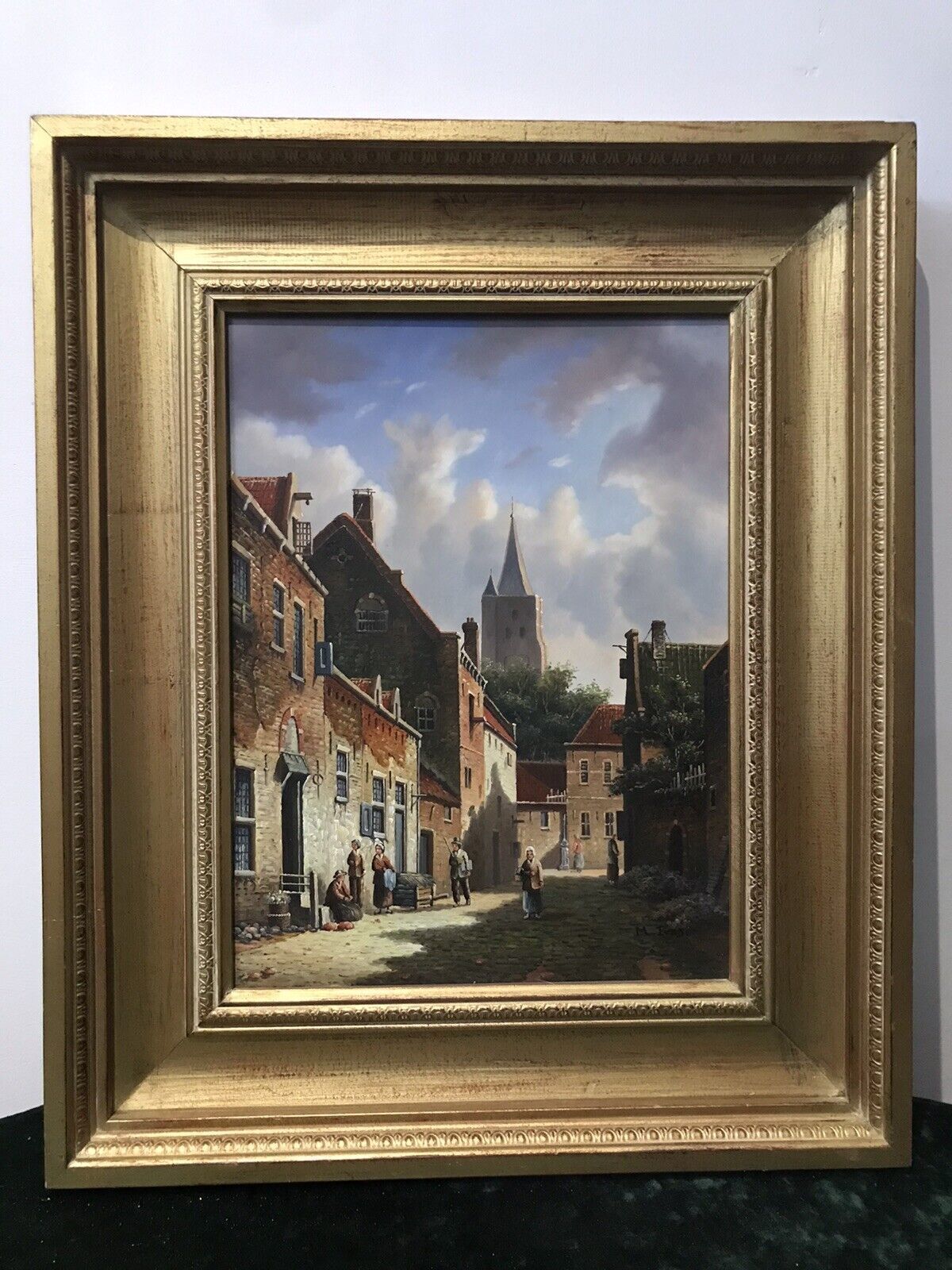 Original Dutch Street Scene Oil Painting In Gilt Frame Signed By Artist M Ives