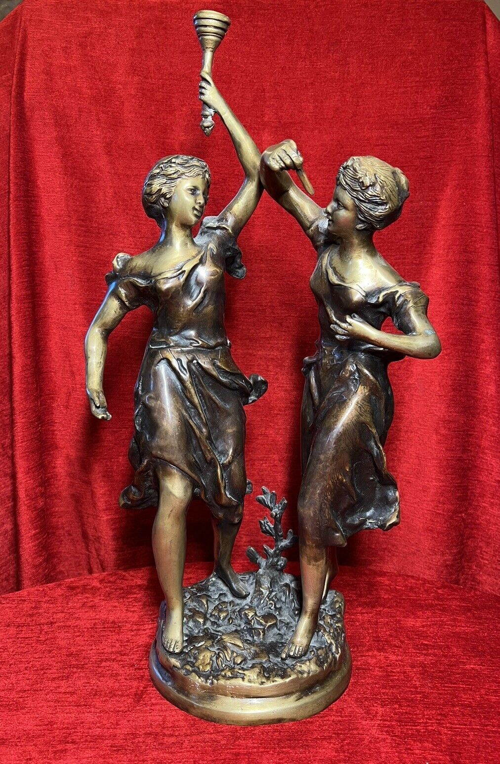 Ernest Rancoulet Bronze Sculpture Of Two Ladies Lighting Torcher Titled Olympia