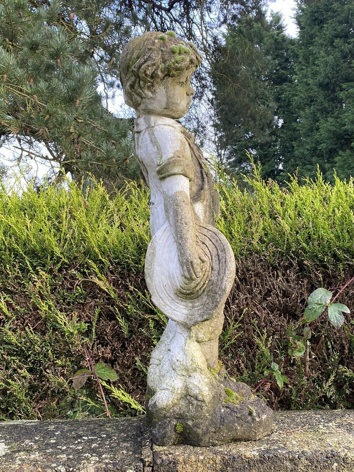 Country Estate Gardening Boy With Straw Bower Weathered Stone Garden Sculpture photo 325.0