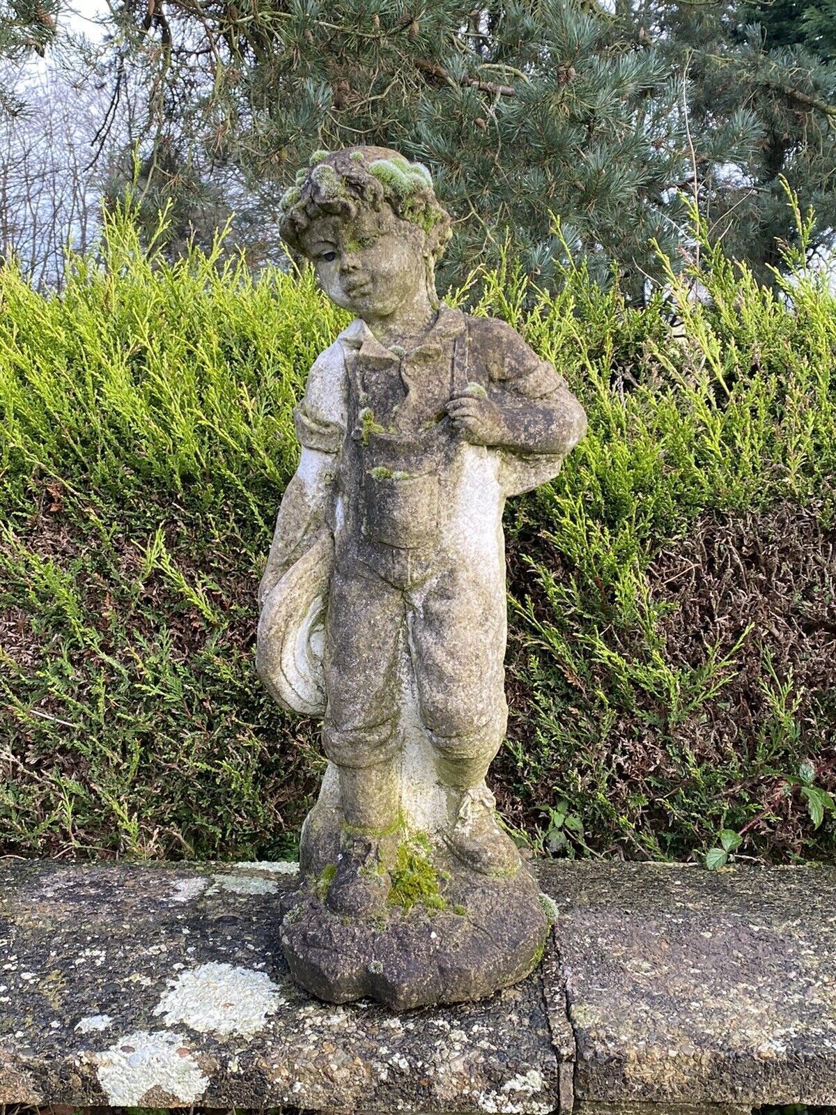Country Estate Gardening Boy With Straw Bower Weathered Stone Garden Sculpture photo vintage
