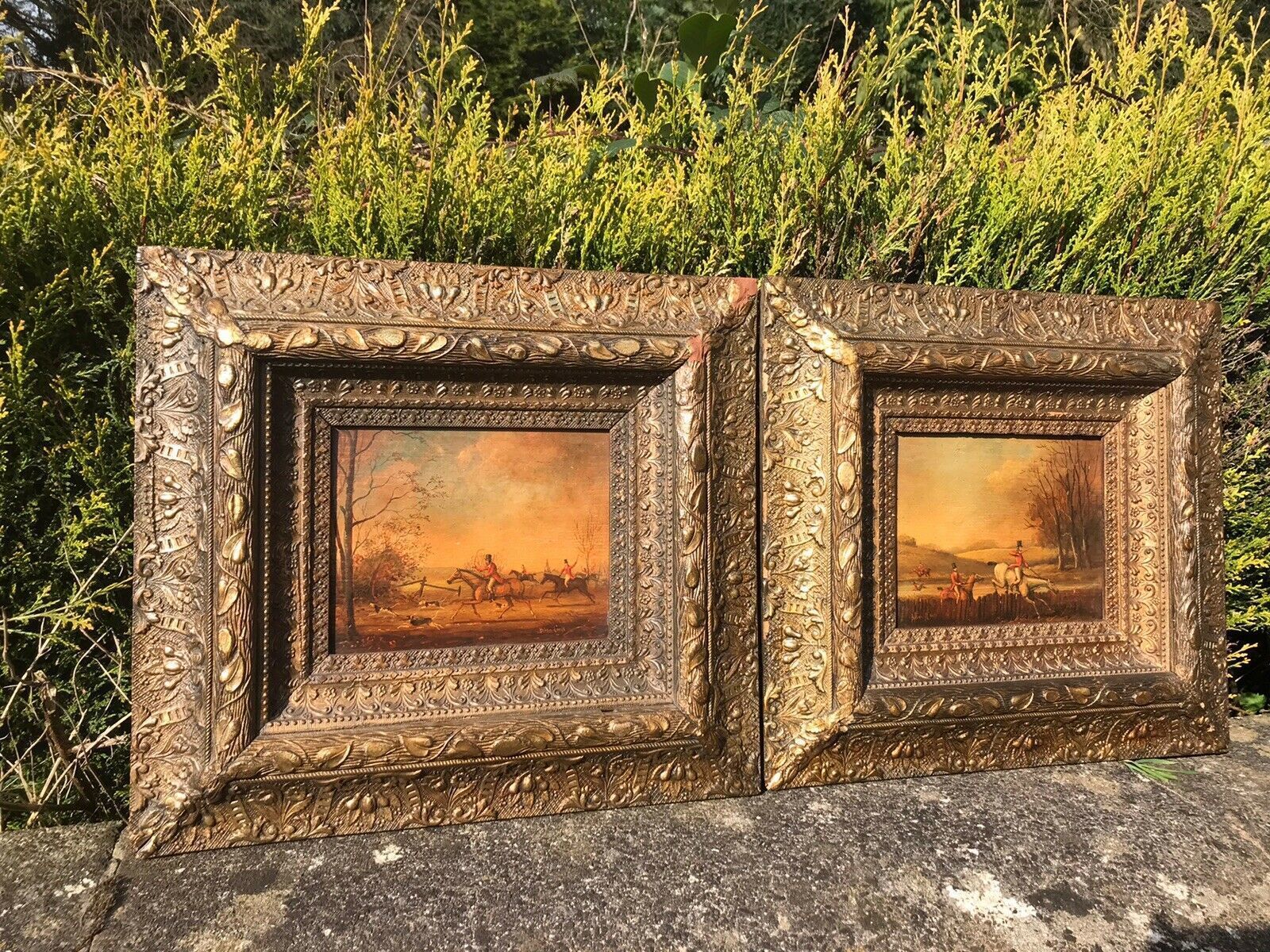 Pair Of Fine Art Hunting Scene Oil Paintings By Artist Brain Cook photo vintage