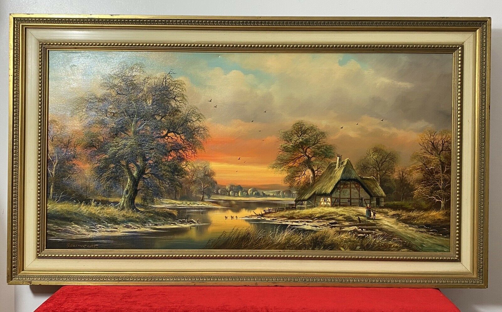 Original German Panoramic Sunset Landscape Oil Painting Artist Horst Baumgart photo Art