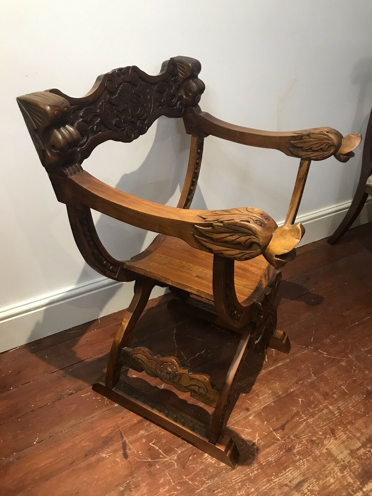 Carved Red Walnut X Frame Green Man Great Hall Chair photo for sale