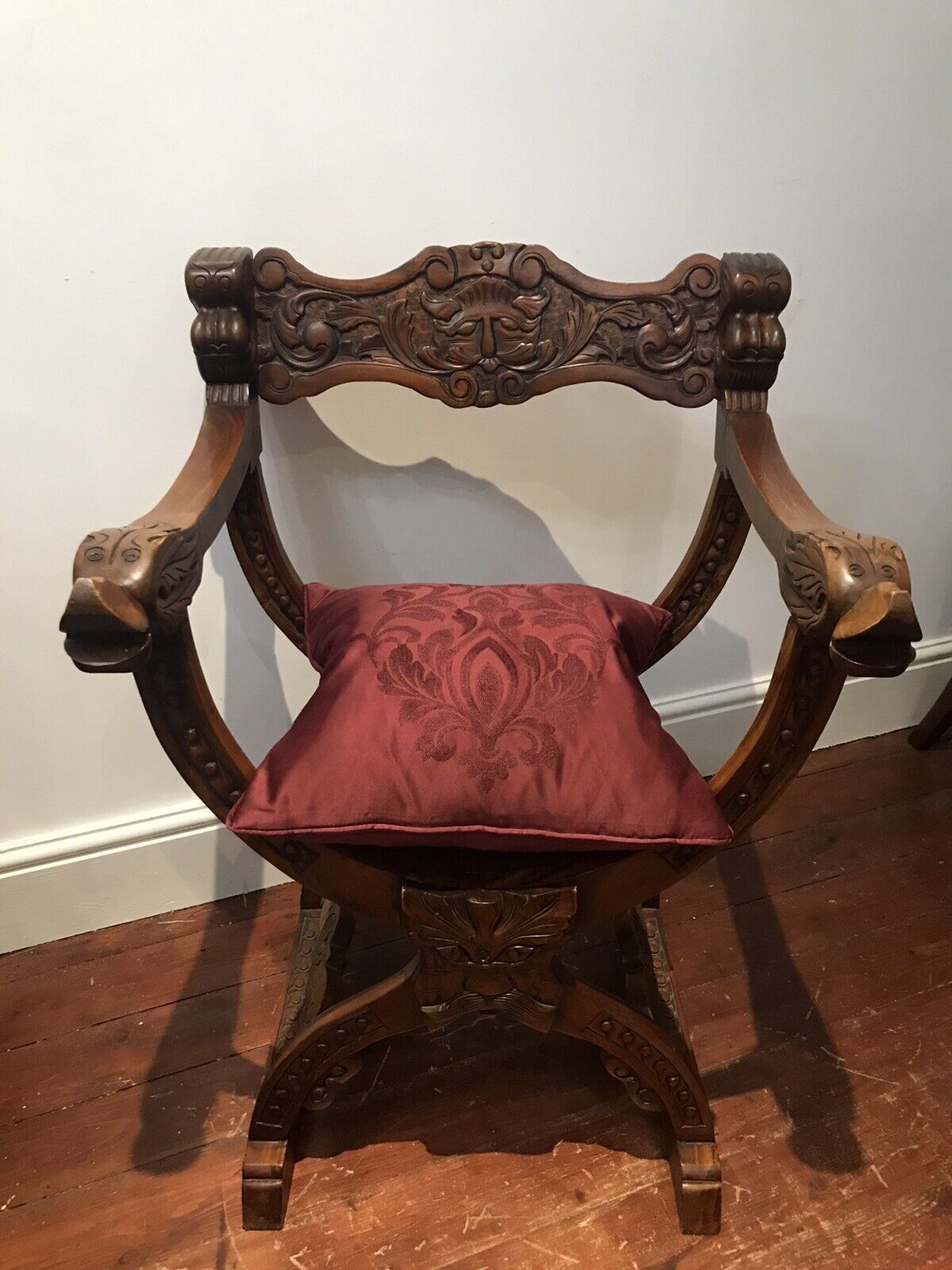 Carved Red Walnut X Frame Green Man Great Hall Chair photo buy
