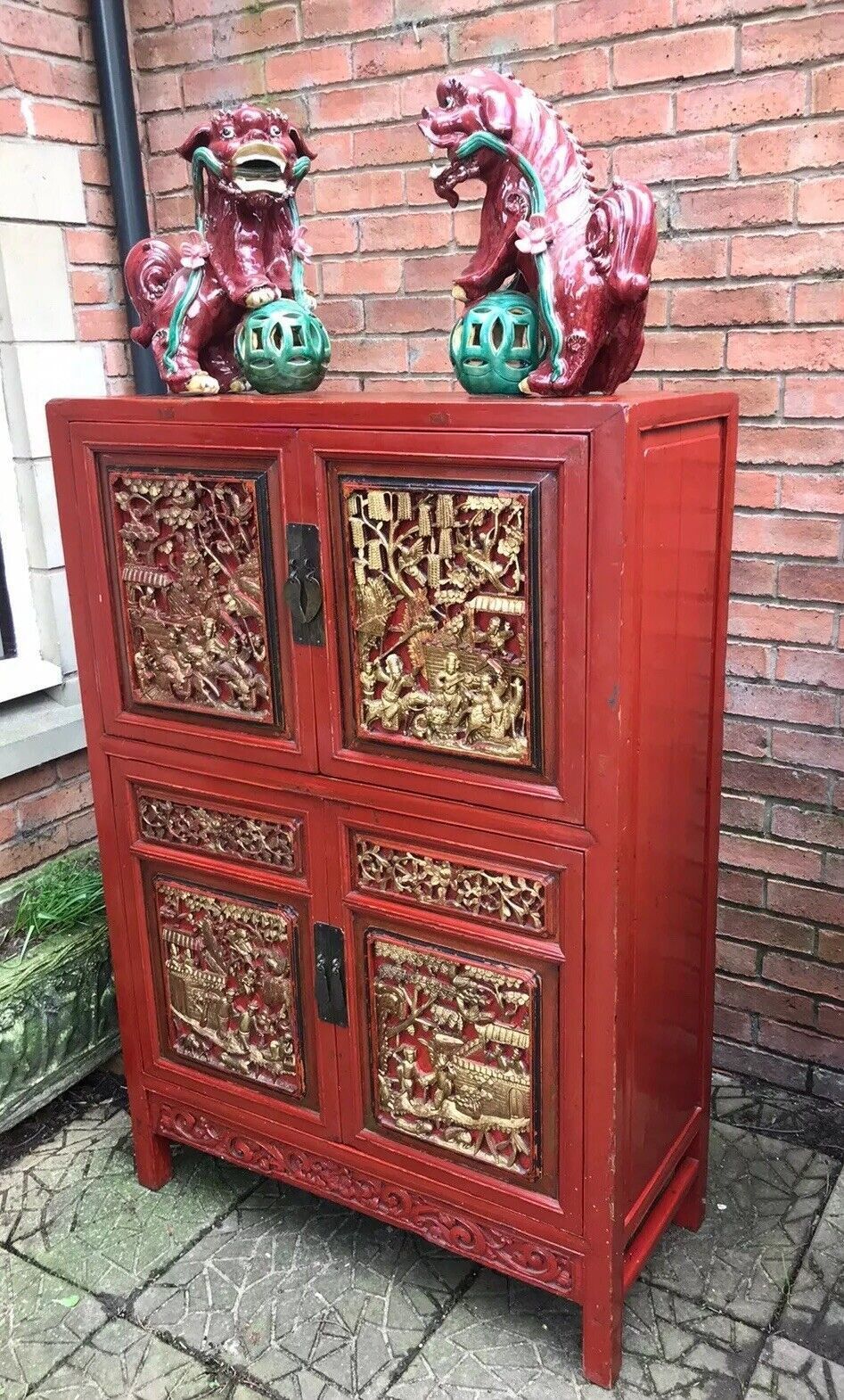 Rare Imperial Red Lacquer & Gilt Marriage Cabinet With Hand Carved Panels photo for sale