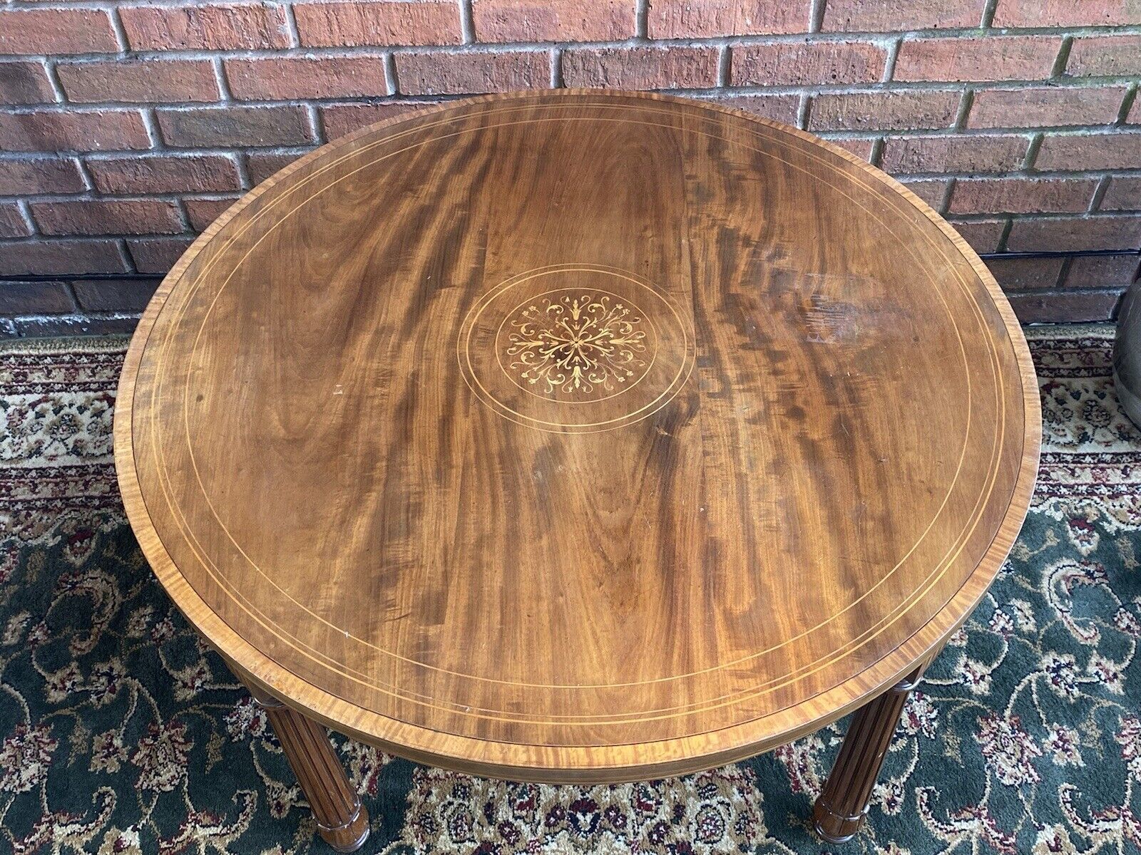 French Red Walnut Period Louis XVI Style Marquetry Inlaid Pillared Centre Table photo Furniture