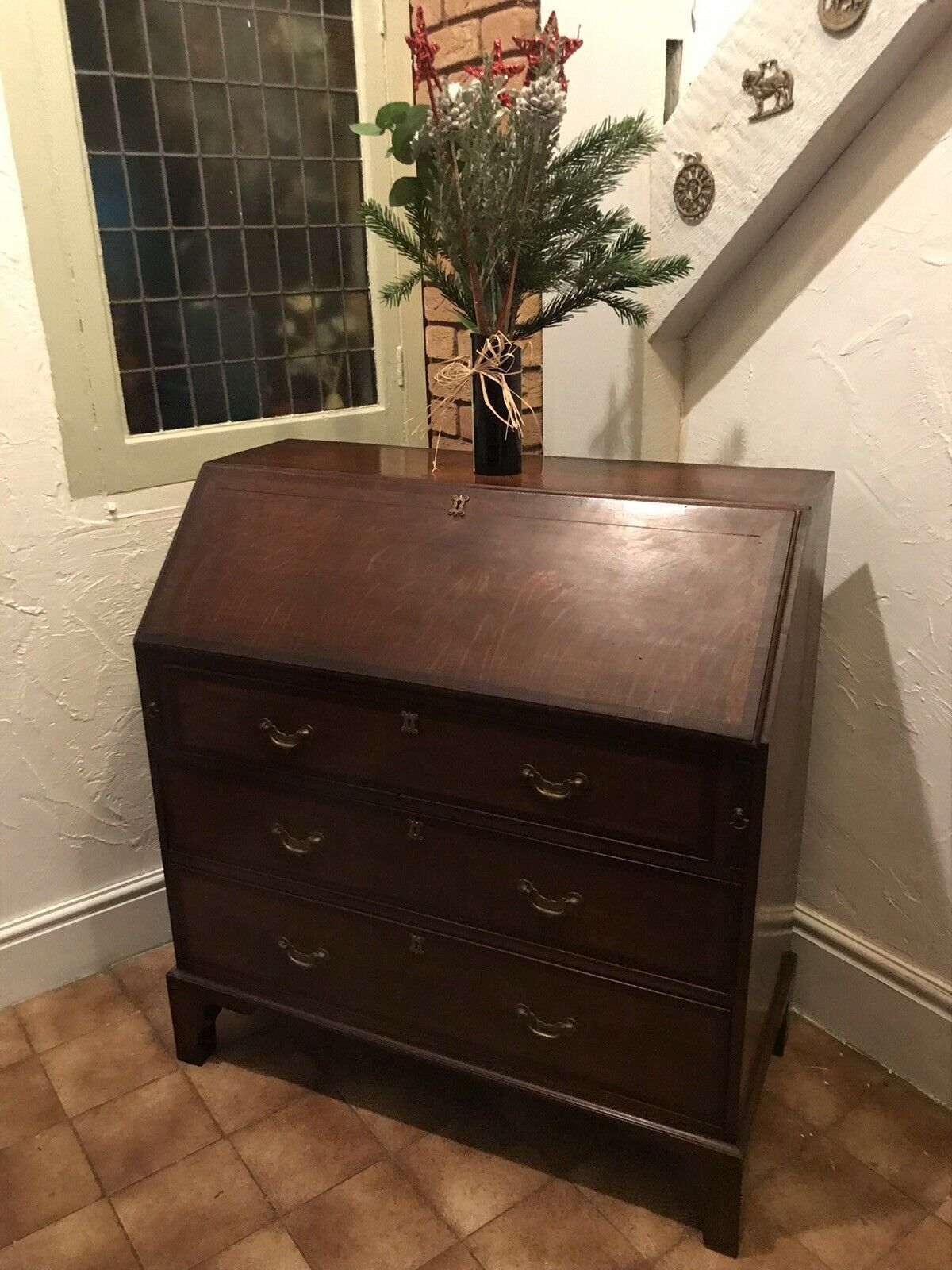 Period Antique 18th Century Solid Oak & Mahogany Cross Banded Writing Bureaux photo vinterior