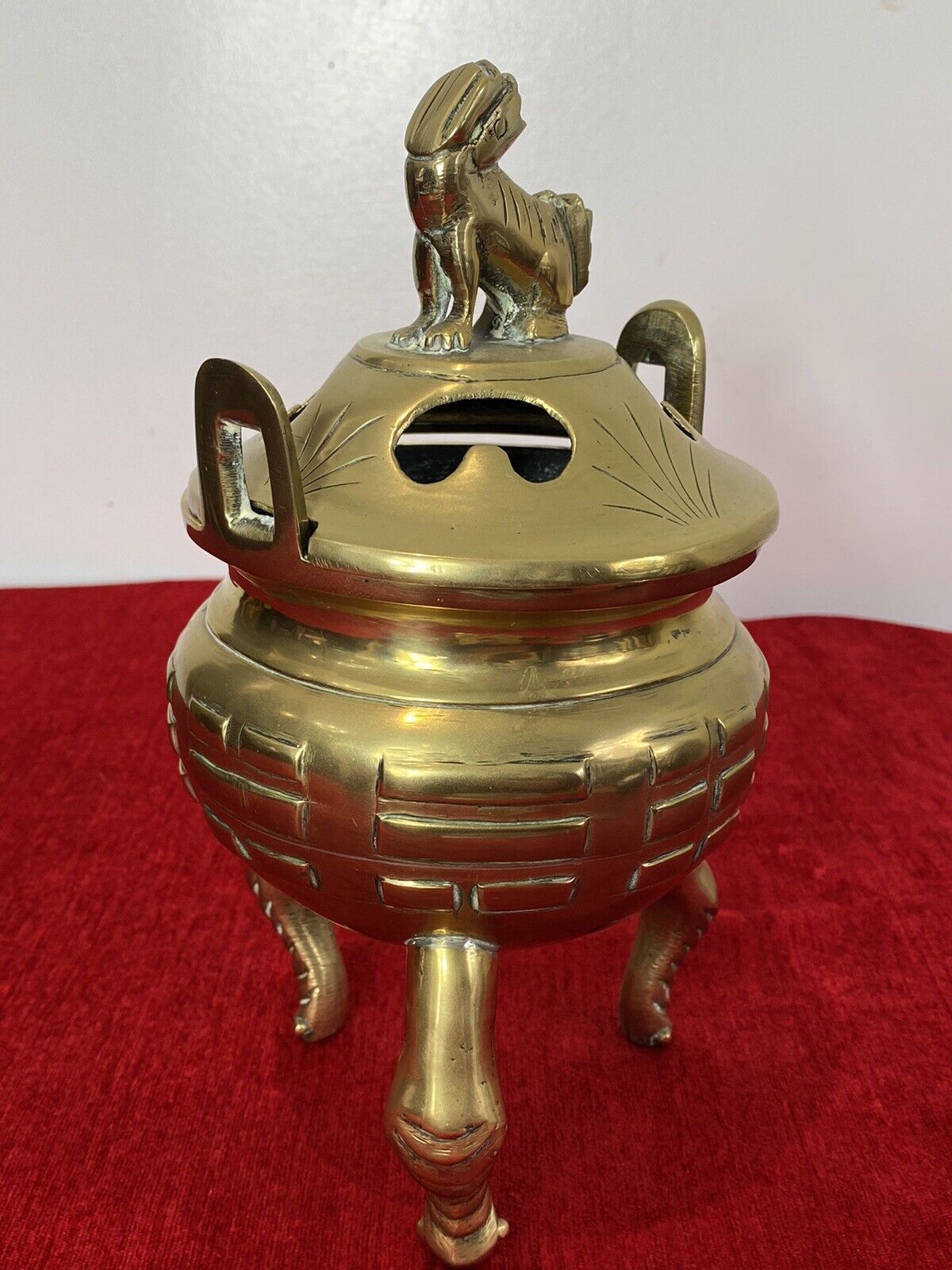 Chinese Qing Style 19th Century Brass Bulbous Incense Burner With Foo Dog Lid photo for sale