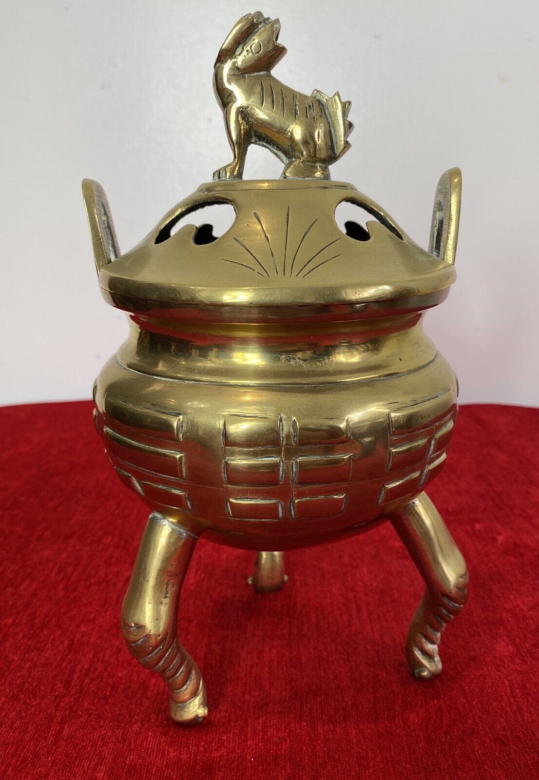 Chinese Qing Style 19th Century Brass Bulbous Incense Burner With Foo Dog Lid photo vintage
