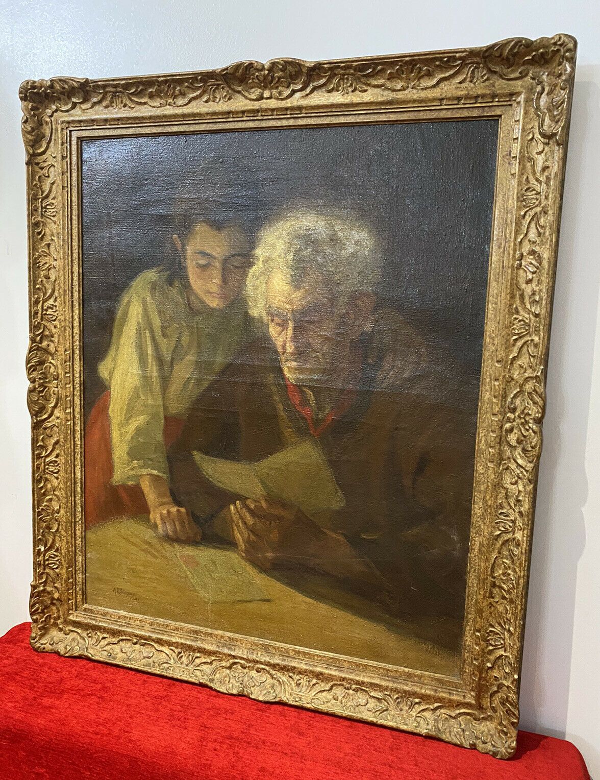 Double Portrait Of Grandfather & Grand Daughter Reading By A L Simpson photo buy