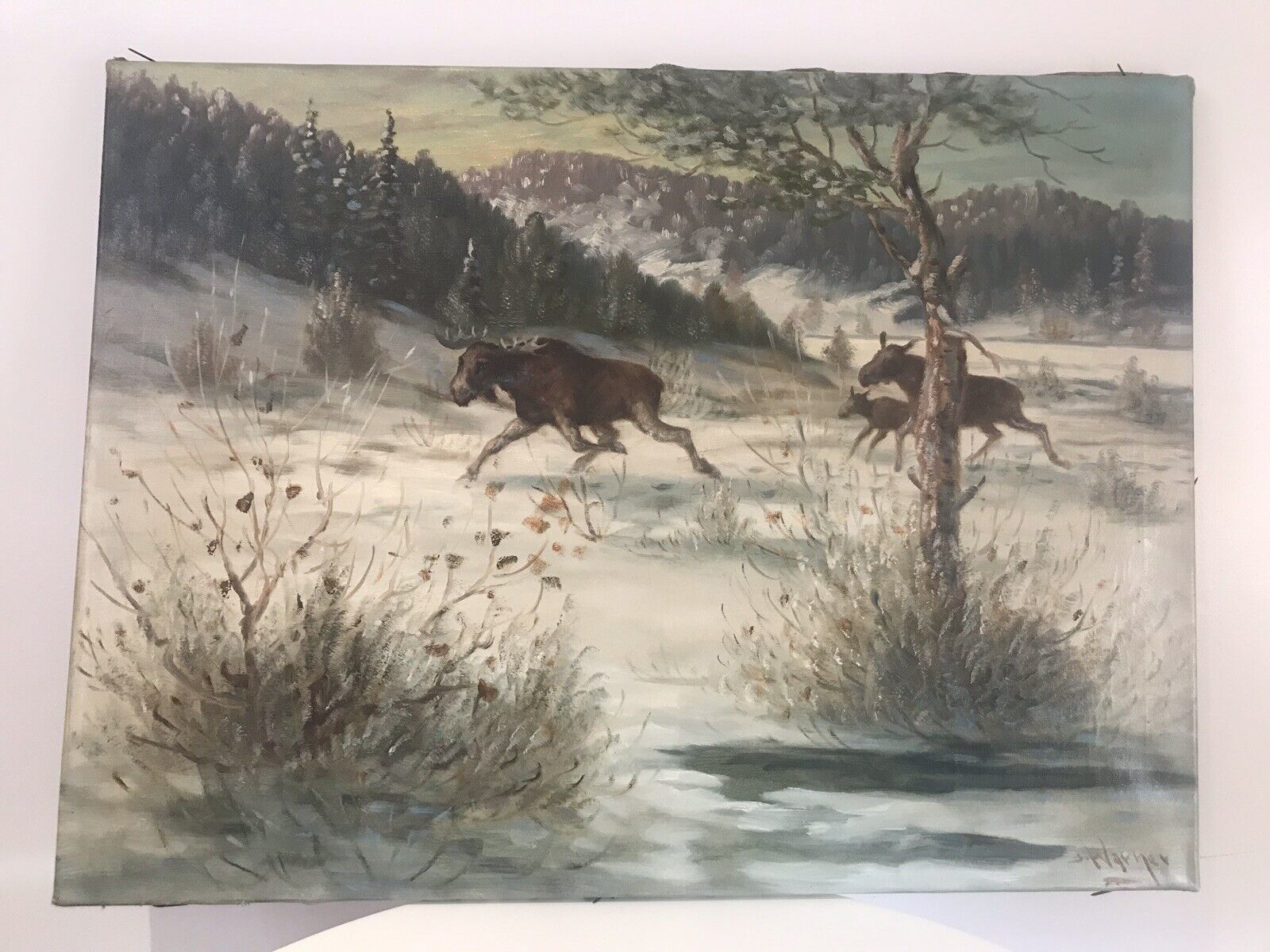 Stags In Snow Scene Original Oil Painting Signed By Artist S Warner