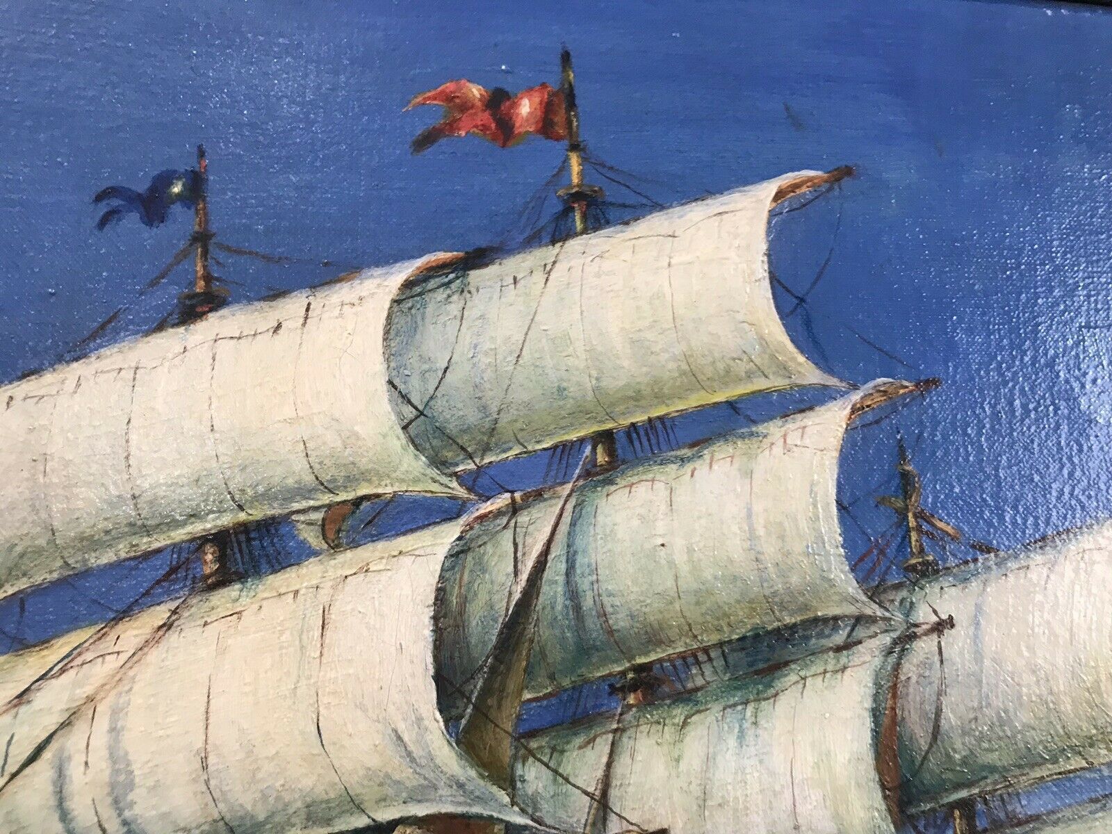 Oil On Canvas Marine Gallion Ship In Full Sail Sails Past Small Yacht photo buy