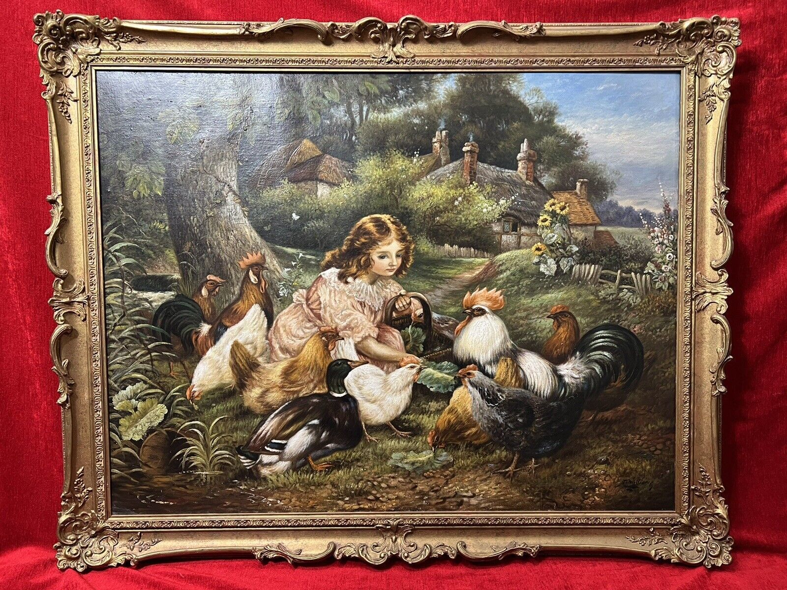 19th Century Oil Painting Of Victorian Girl Feeding Chickens In Landscape Signed photo furniture