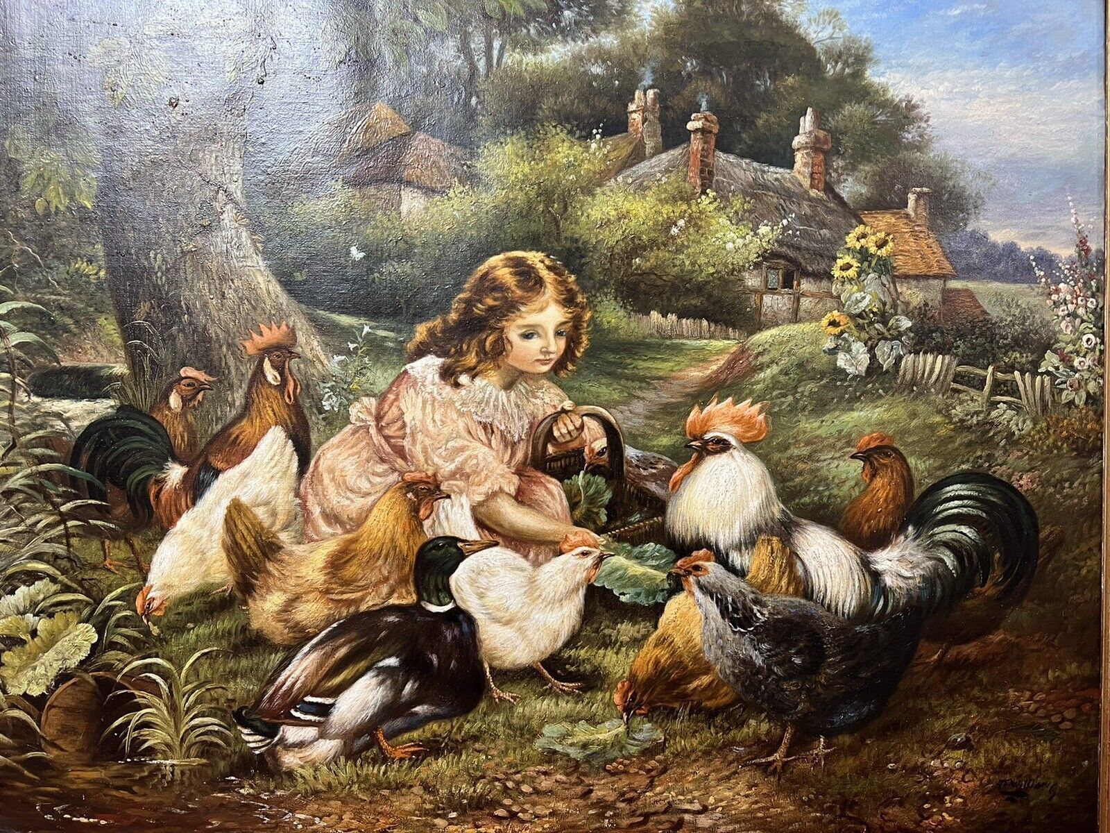 19th Century Oil Painting Of Victorian Girl Feeding Chickens In Landscape Signed photo for sale
