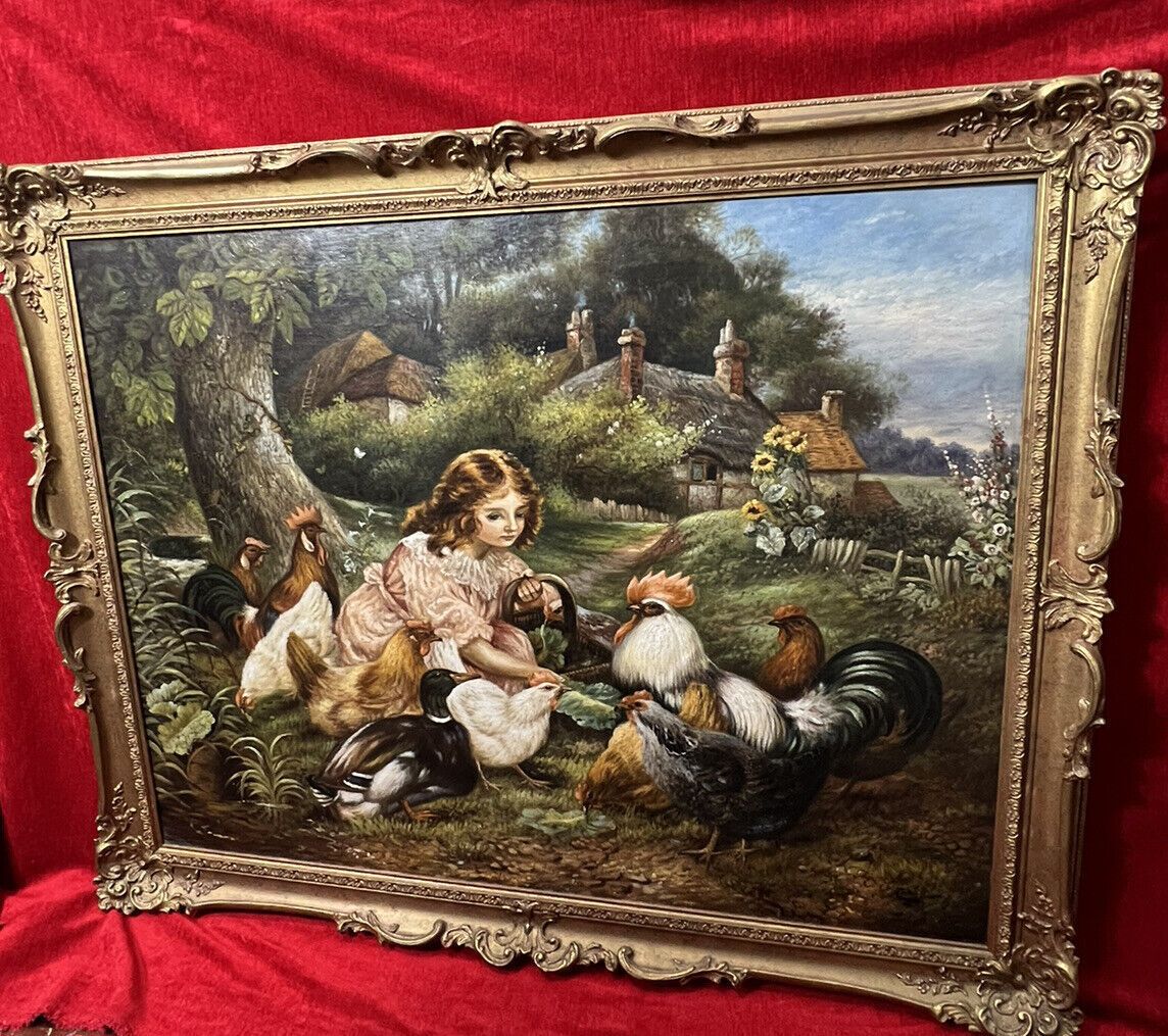19th Century Oil Painting Of Victorian Girl Feeding Chickens In Landscape Signed photo vintage