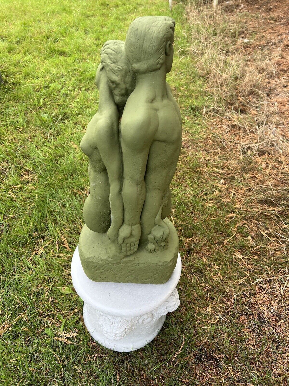The Myth Of Adam & Eve Garden Trophy Sculpture On Cylindrical Plinth photo vintage