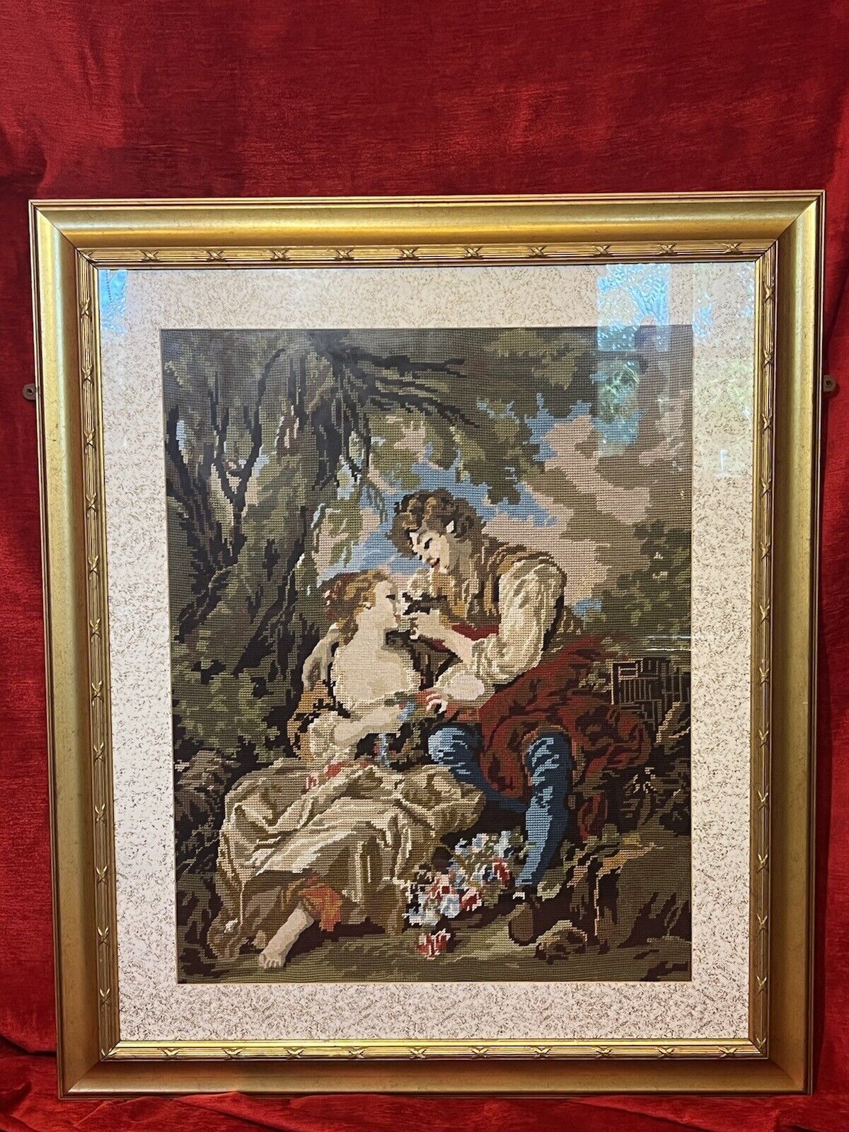 French Wool Work Tapestry Of Lovers Romancing In Garden Scene Framed photo 185.0