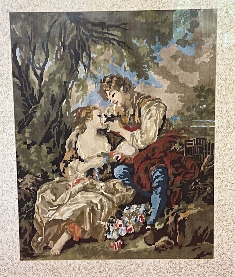 French Wool Work Tapestry Of Lovers Romancing In Garden Scene Framed photo vinterior