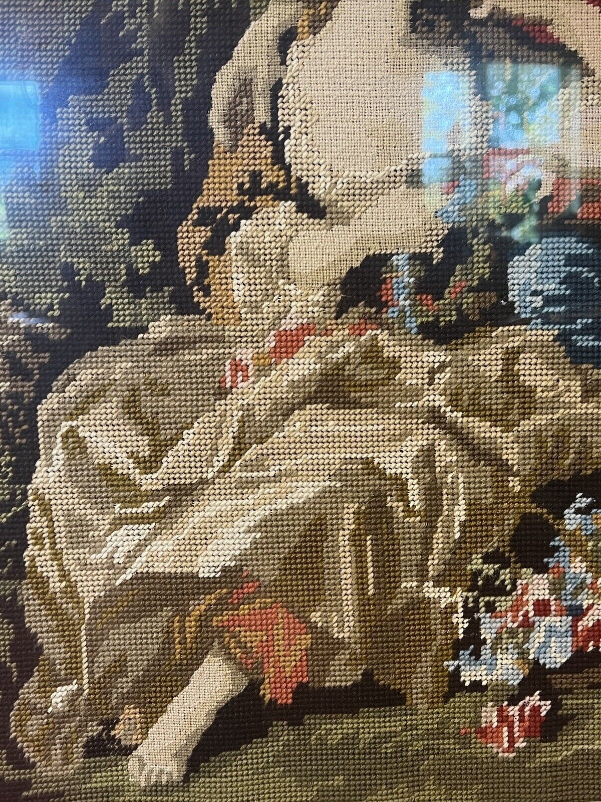 photo furniture French Wool Work Tapestry Of Lovers Romancing In Garden Scene Framed