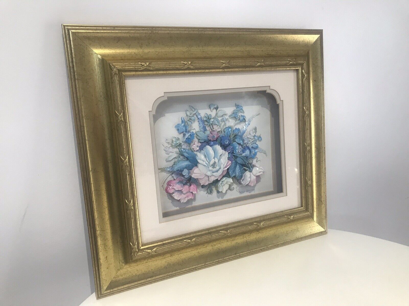 Fine Pair Crystal Porcelain Flower Ansamble Sculptures In Ornate Guilt Frames photo Art