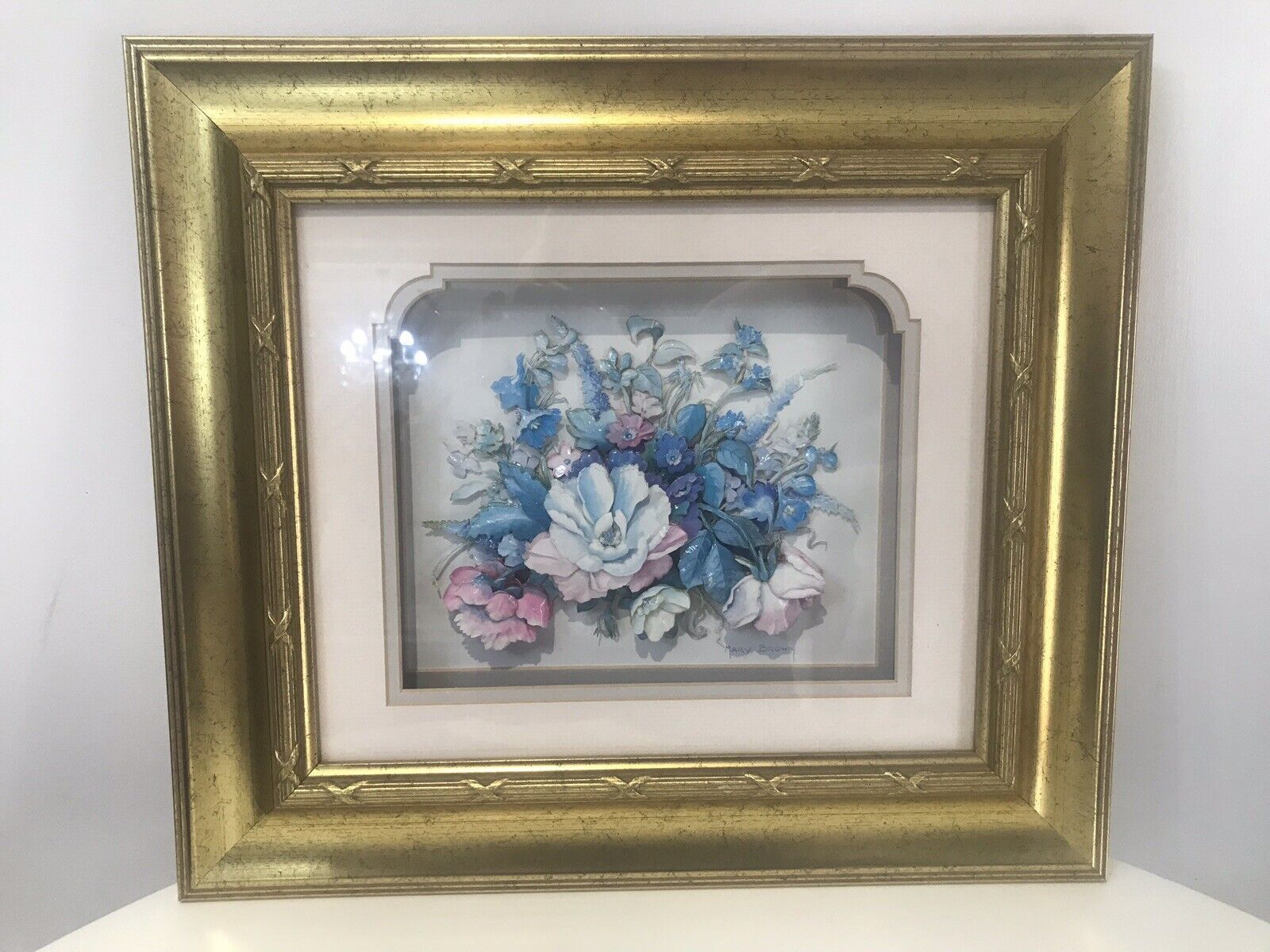 Fine Pair Crystal Porcelain Flower Ansamble Sculptures In Ornate Guilt Frames photo buy