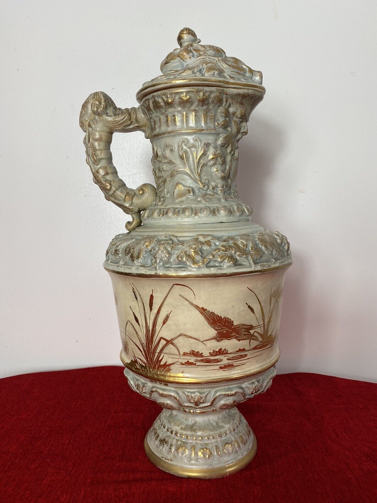 French Antique Classical Wine Ewer Decorated With Gilt Mural Of Herons photo for sale