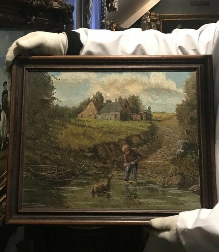 Charming Scottish School Landscape Oil Painting With Boy & Dog Companion Signed photo buy