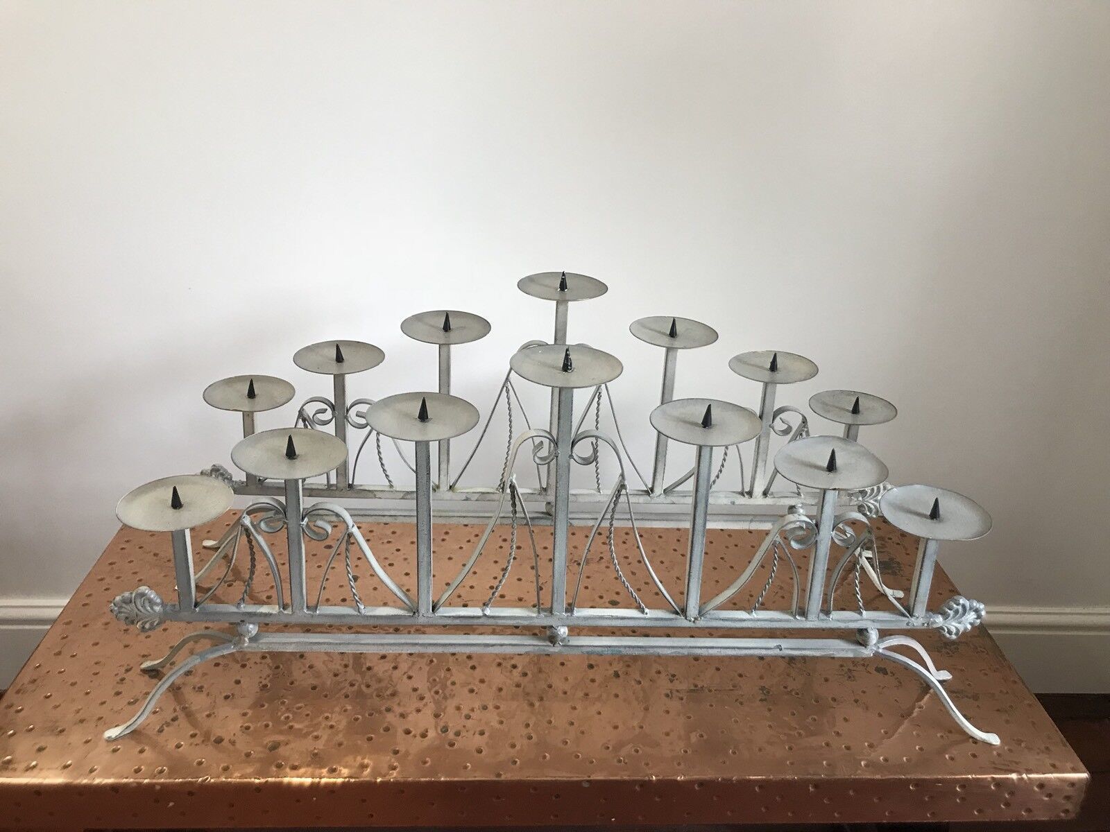 Pair Of Ornate Architectural Wrought Iron 7 Branch Candelabras photo for sale