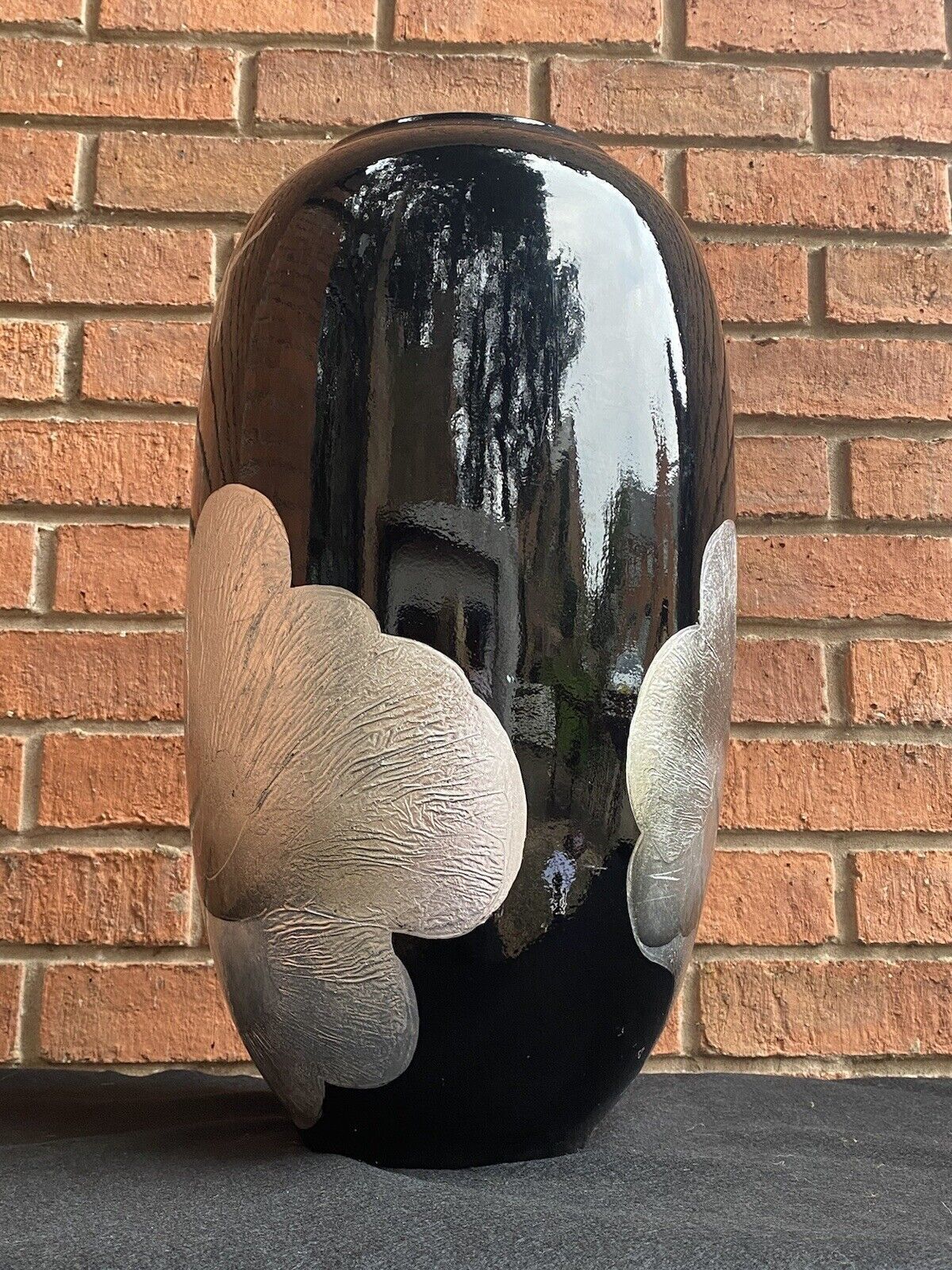 Contemporary Black Fire Glazed Vase Decorated With Silver Peony &Dragonflies photo 225.0